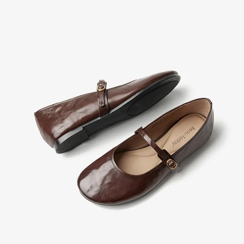 BeauToday Round Toe Womens Soft Leather Mary Janes Flat with Adjustable Metal Buckle