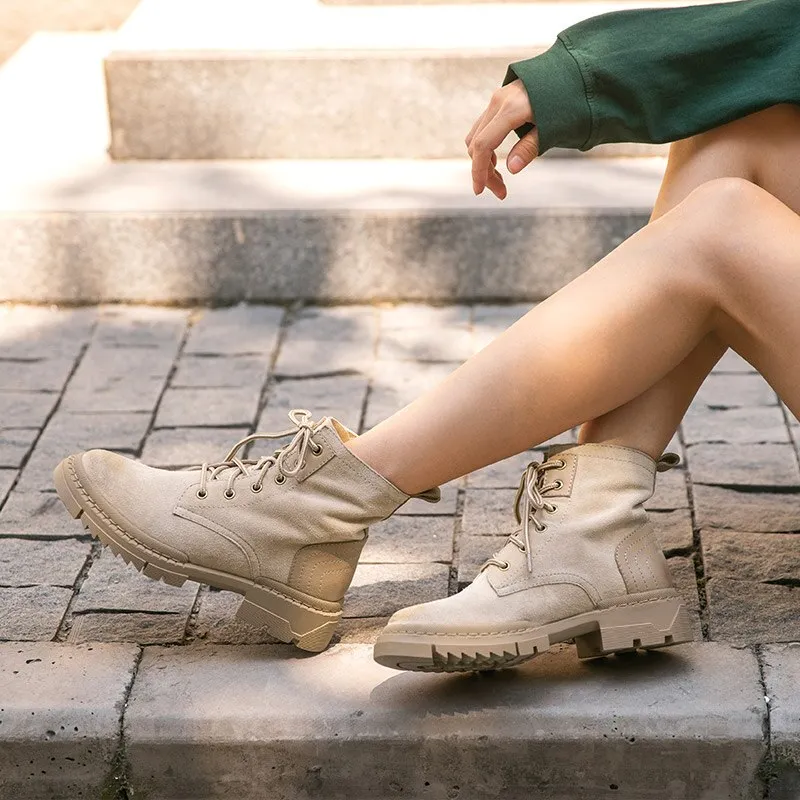 Desert Boots Women Genuine Cow Suede Leather Ankle Boots Round Toe Cross-Tied Autumn Winter Lady Shoe Handmade
