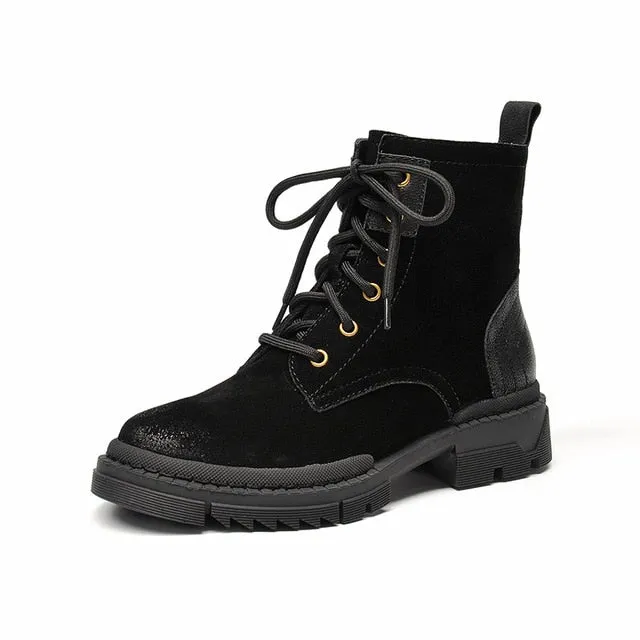 Desert Boots Women Genuine Cow Suede Leather Ankle Boots Round Toe Cross-Tied Autumn Winter Lady Shoe Handmade