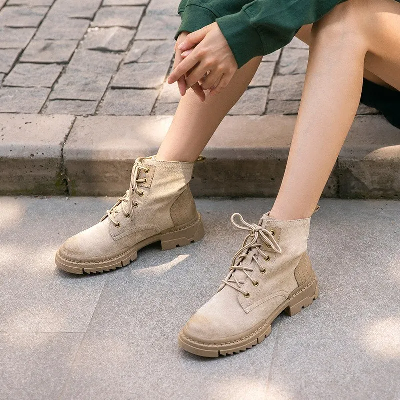 Desert Boots Women Genuine Cow Suede Leather Ankle Boots Round Toe Cross-Tied Autumn Winter Lady Shoe Handmade