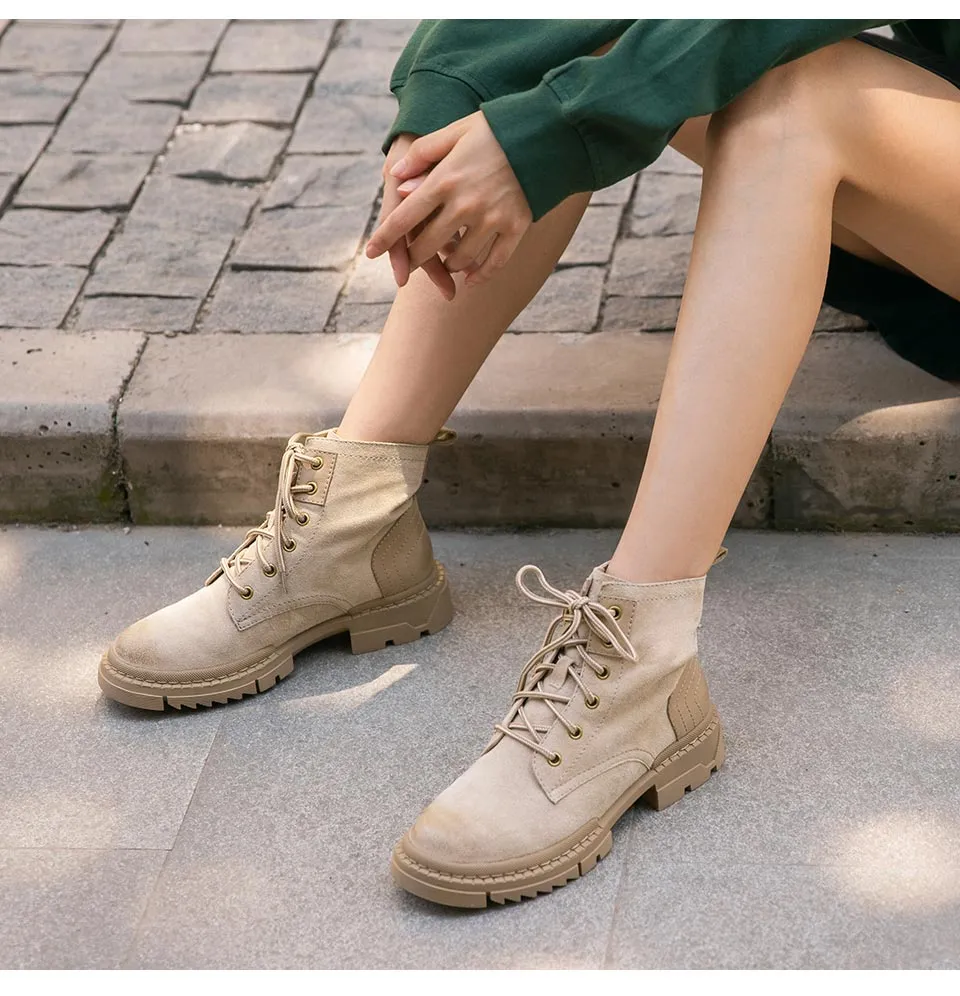 Desert Boots Women Genuine Cow Suede Leather Ankle Boots Round Toe Cross-Tied Autumn Winter Lady Shoe Handmade