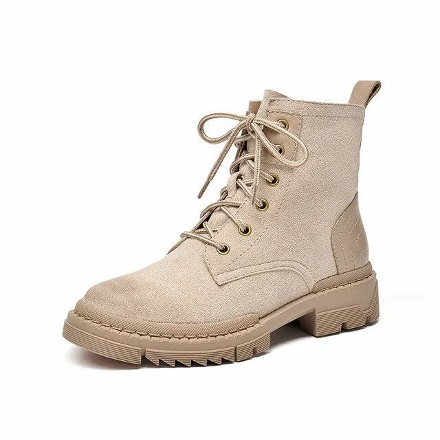 Desert Boots Women Genuine Cow Suede Leather Ankle Boots Round Toe Cross-Tied Autumn Winter Lady Shoe Handmade