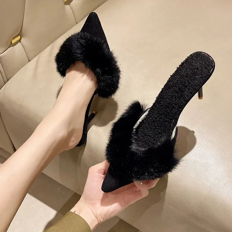 High Heel Fur Spring Pointed Toe Mules Sandals
