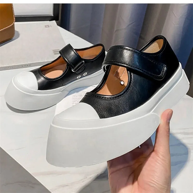 Hnzxzm Platform Wedge Woman Canvas Pu Fashion Shoes Women Round Toe Thick Bottom College Mary Janes Shoe