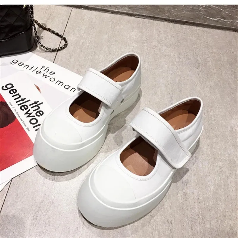 Hnzxzm Platform Wedge Woman Canvas Pu Fashion Shoes Women Round Toe Thick Bottom College Mary Janes Shoe