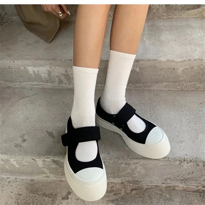 Hnzxzm Platform Wedge Woman Canvas Pu Fashion Shoes Women Round Toe Thick Bottom College Mary Janes Shoe