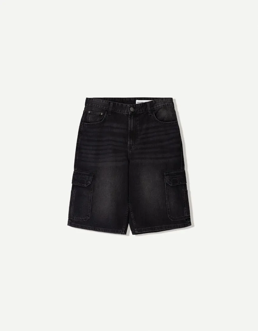 Mens Loose Denim Shorts Baggy Casual Wide Leg Mid Jean Jorts Zipper Hip Hop Shorts with Pockets Streetwear