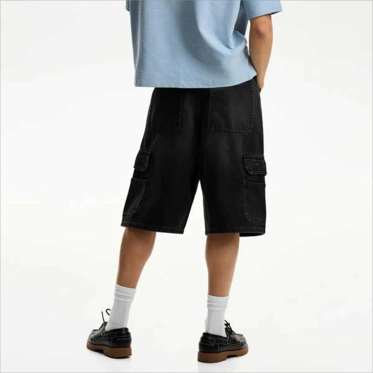 Mens Loose Denim Shorts Baggy Casual Wide Leg Mid Jean Jorts Zipper Hip Hop Shorts with Pockets Streetwear
