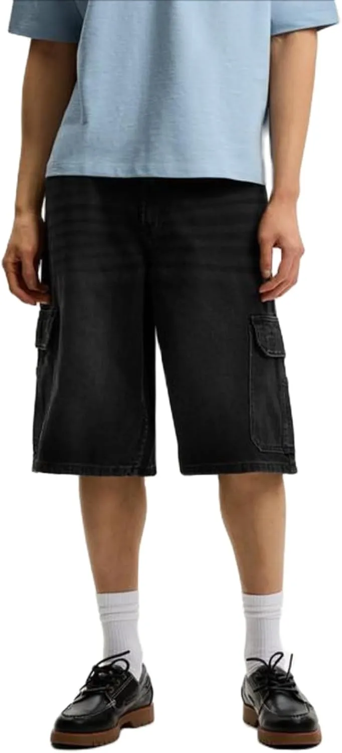 Mens Loose Denim Shorts Baggy Casual Wide Leg Mid Jean Jorts Zipper Hip Hop Shorts with Pockets Streetwear
