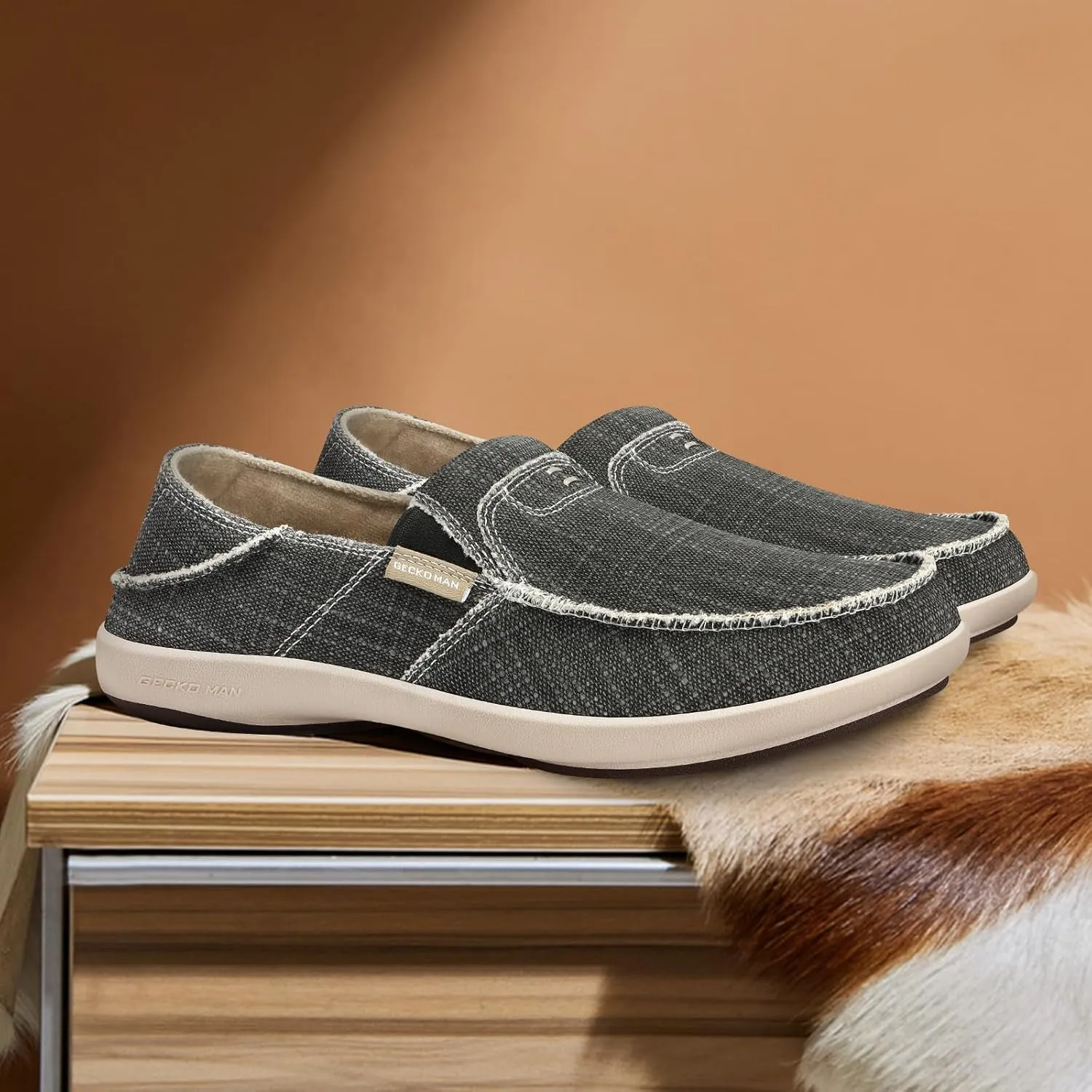 Mens Slip On Shoes, Mens Boat Shoes with Arch Support, Orthopedic Canvas Loafers for Plantar Fasciitis, Indoor & Outdoor Walking Slippers Shoes for Pain Relief