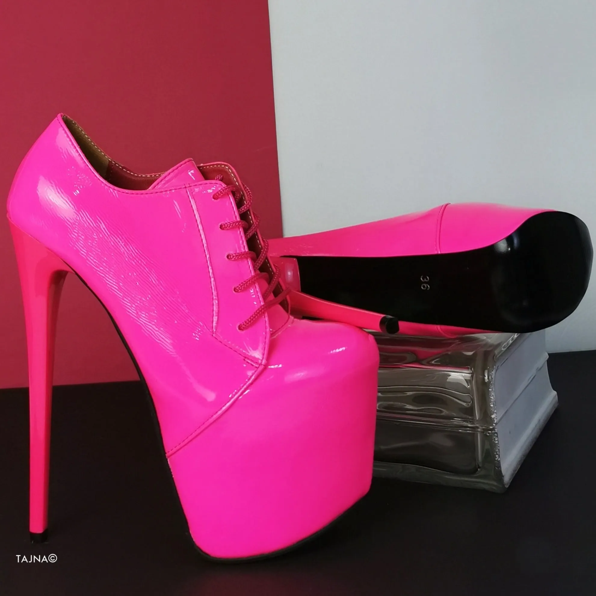 Neon Pink Lac Oxford Ankle High Heels