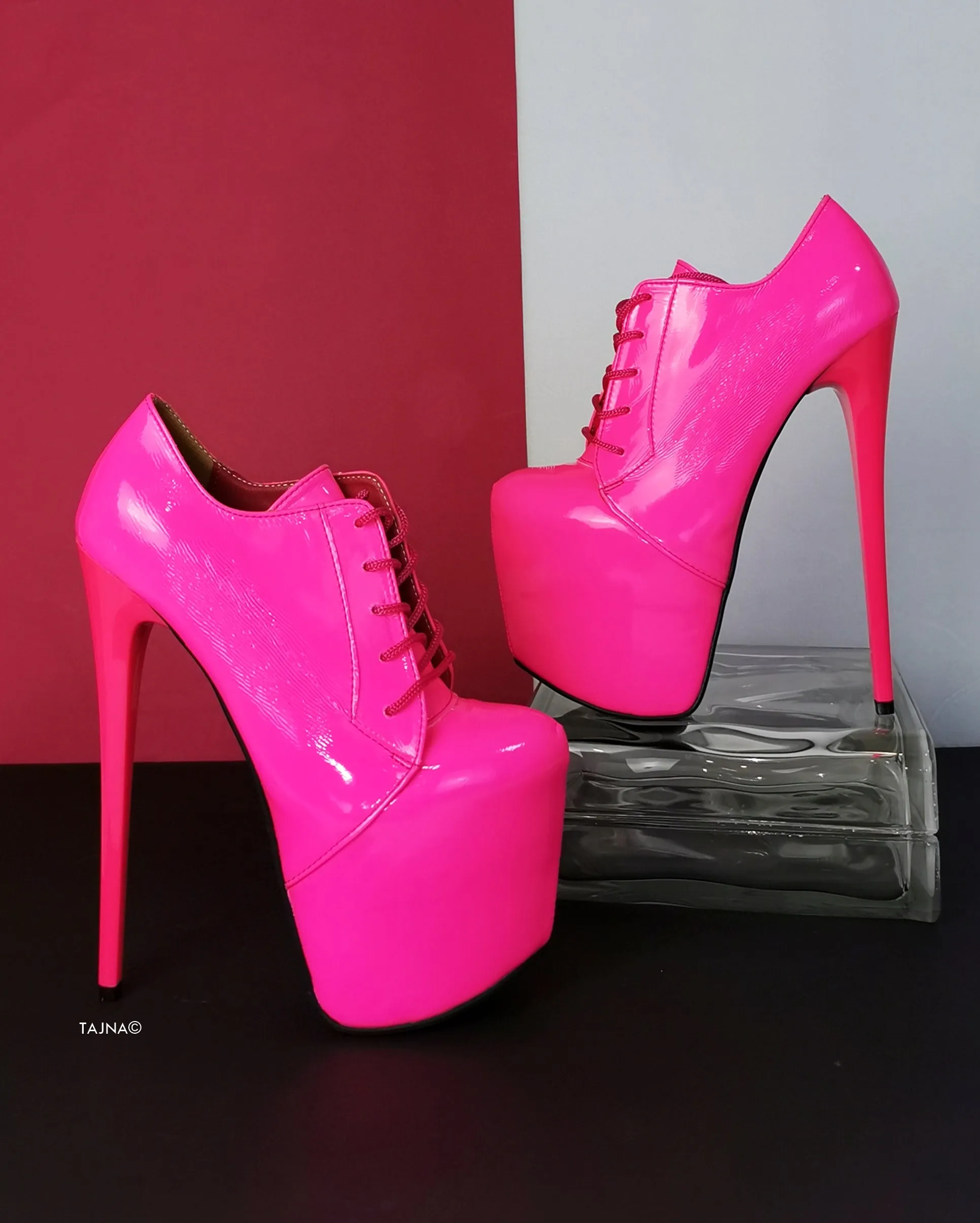 Neon Pink Lac Oxford Ankle High Heels