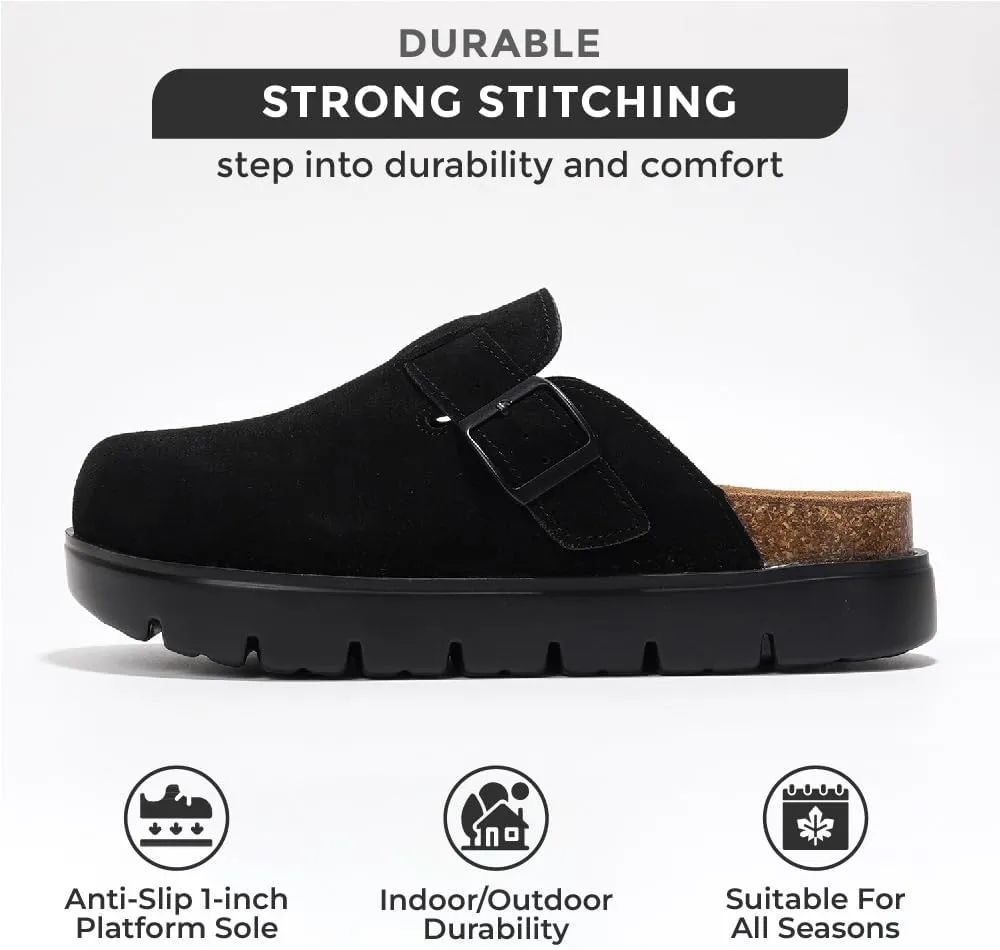 Project Cloud Genuine Leather Platform Clogs for Women Footwear - Memory Foam Arch Support Cork Footbed Casual Shoes & Mules for Women 2025 (Benton Chunky)