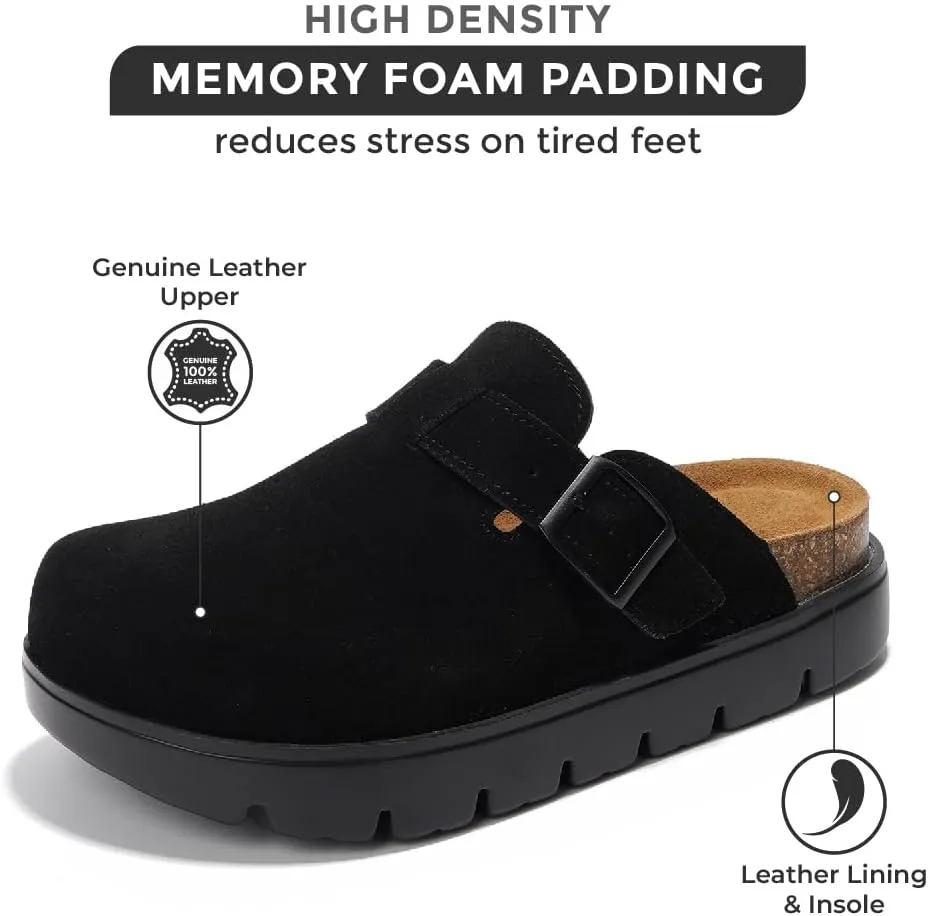 Project Cloud Genuine Leather Platform Clogs for Women Footwear - Memory Foam Arch Support Cork Footbed Casual Shoes & Mules for Women 2025 (Benton Chunky)