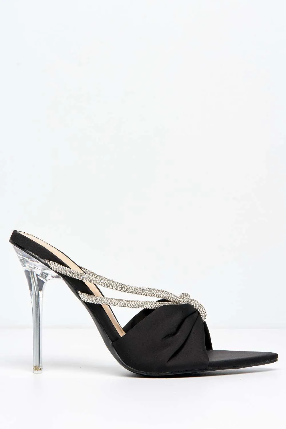 Tanulia Diamante Straps Perspex Stiletto Heel Pointed Toe Mules in Black