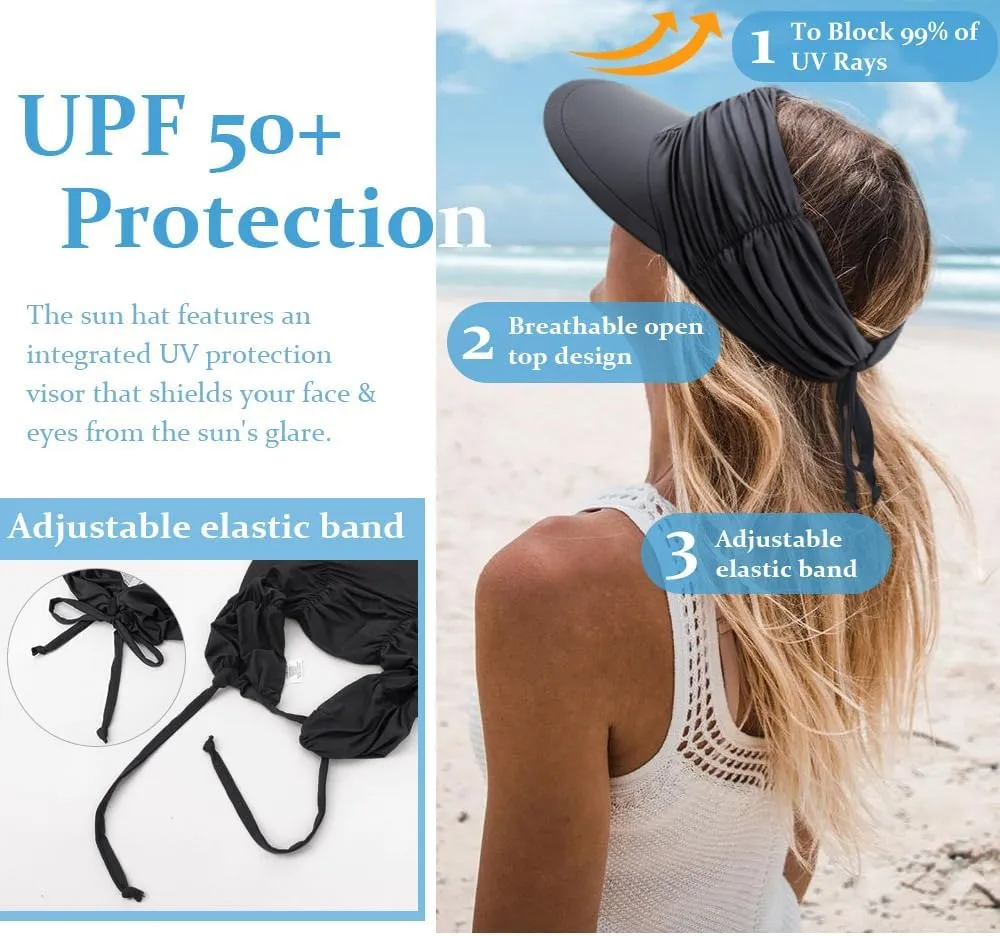 Women Visor Sun Hat Adjustable Foldable Wide Brim Sun Hats Summer UPF 50  UV Protection Visor Cap for Outdoor Beach
