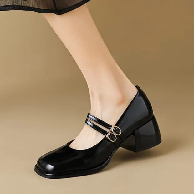 Womens Block Heel Double Buckle Mary Janes Pumps Dress Shoes